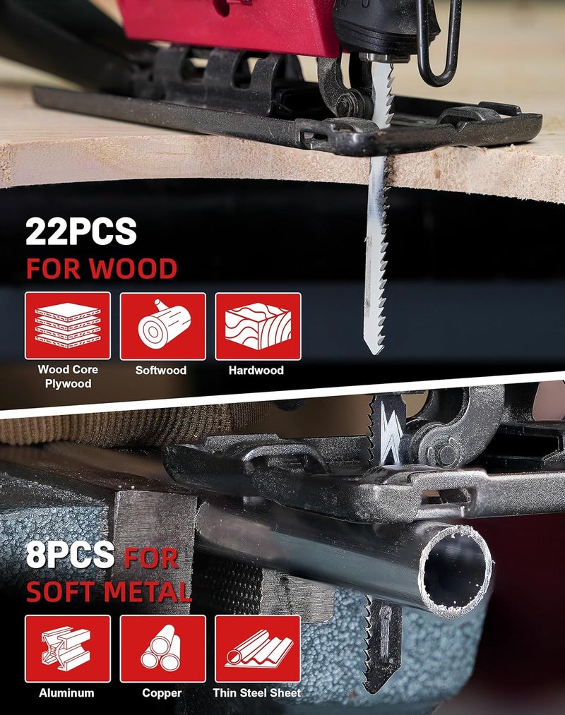 EZARC Jigsaw Blades Set 30pcs with Storage Case, Assorted T-Shank Replacement Jig Saw Blades for Cutting Wood, Plastic and Metal - Image 5